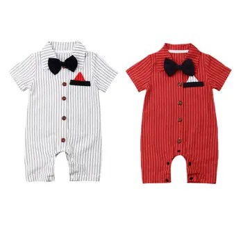 Baby Boy Romper 2019 Toddler Jaundzimušo Vasaras Īsām Piedurknēm Kungi Bowtie Sarkanā Baltā Svītrainām Jumpsuit Apģērbs, Apģērbs Apģērbs