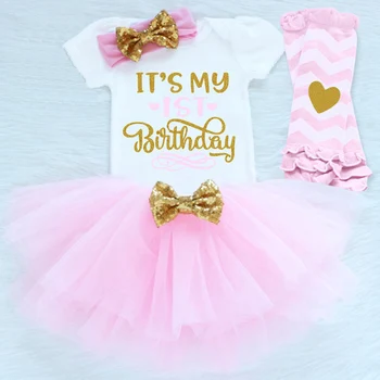 Baby Girl Apģērbu 1. Dzimšanas dienas svinības Tērpiem Zelta Vizuļi Tutu Bērnu, Zīdaiņu Komplekti Apģērbi Jaundzimušais Meitene 4GAB Kostīmi