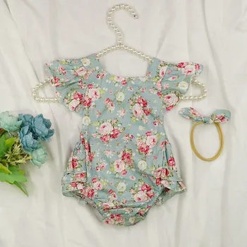Baby Girl Savirmot Romper Jumpsuit Vasarā Jaundzimušais Mazulis Toddler Plandīšanās Piedurknēm Drēbes Roupa Infantil Zaļā Rozā Ziedu Galvas Stīpa 9391