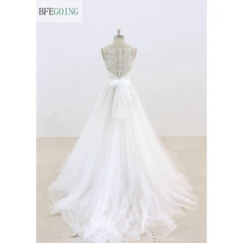 Balts Mežģīņu un Tilla Līgavas kleita bez Piedurknēm Grīdas-Garums-line Kāzu kleitu Kapela Vilcienu Pasūtījuma 1893