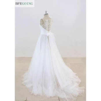 Balts Mežģīņu un Tilla Līgavas kleita bez Piedurknēm Grīdas-Garums-line Kāzu kleitu Kapela Vilcienu Pasūtījuma