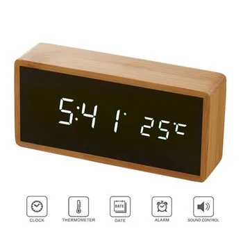 Bambusa Koka Spogulis Modinātājpulksteņi Temperatūra Skaņas Kontroles Desktop Pulkstenis Ar Digitālo Skatīties Elektronisko LED Pulksteņi Despertador