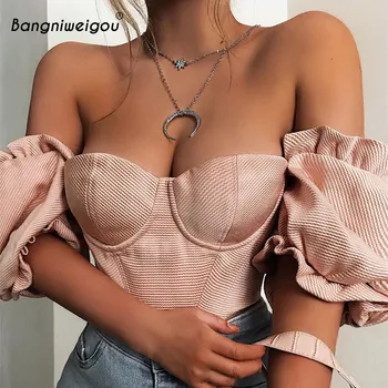 Bangniweigou Sexy Slash Kakla Zip Up Rozā Kultūraugu Top Tshirt Sieviešu Puff Īsām Piedurknēm Retro Korsešu T Krekls Gadījuma Strapless Topi