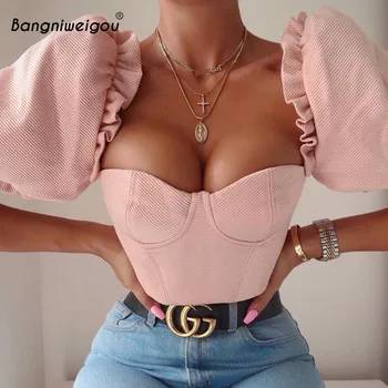 Bangniweigou Sexy Slash Kakla Zip Up Rozā Kultūraugu Top Tshirt Sieviešu Puff Īsām Piedurknēm Retro Korsešu T Krekls Gadījuma Strapless Topi