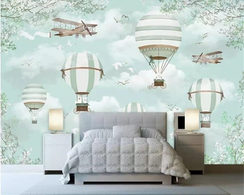 Beibehang Pielāgota bērnu istabas fona sienas 3d tapetes zilas debesis, balti mākoņi, karstā gaisa balonu, lidmašīnu dzīvnieku kucēns tapetes