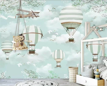 Beibehang Pielāgota bērnu istabas fona sienas 3d tapetes zilas debesis, balti mākoņi, karstā gaisa balonu, lidmašīnu dzīvnieku kucēns tapetes