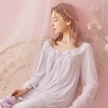 Bezmaksas Piegāde Jaunu Rudens un Ziemas Sieviešu Princese Pidžamas Bikses Komplekts Rozā un Baltā Sleepwear Mājas Auduma Mežģīnēm Vintage pijamas
