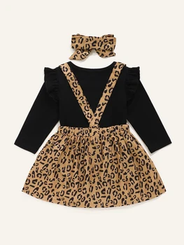 Bezmaksas Piegāde Zīdaiņu Apģērbs Jaundzimušo Bērnu Drēbes, Bērnu Meitene, Melns Ar Garām Piedurknēm Romper Leopard Zeķu Svārki Galvu Kleita Komplekts