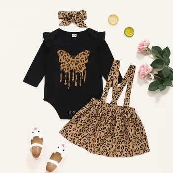 Bezmaksas Piegāde Zīdaiņu Apģērbs Jaundzimušo Bērnu Drēbes, Bērnu Meitene, Melns Ar Garām Piedurknēm Romper Leopard Zeķu Svārki Galvu Kleita Komplekts