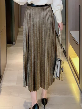 Big-nosaukums vasarā dāmas augsta vidukļa josta kroku svārki 2020New sieviešu modes zelta zīda auduma puses liels nodot svārki bing XL