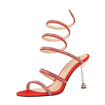 BIGTREE Seksīgas augstpapēžu sandales plānas papēžiem rhinestone band snakelike potītes siksniņu sandales sequin modes pusei sieviešu kurpes