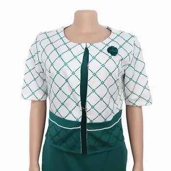 Biroja Dāma Āfrikas Apģērbu 2 Gabals, kas Izdrukāt Divas Gabals, kas Plus Lieluma Kleitas Uzvalks O Kakla Trīs Ceturksnī Rozā, Zaļā 3XL 4XL