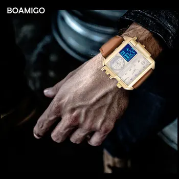BOAMIGO Analog Digital Sporta Skatīties Militārās Chronograph Vīriešu rokas Pulksteņi Ādas Kvarca Pulksteņu Vīriešiem Taisnstūra Elektronisko Rokas Pulksteņi