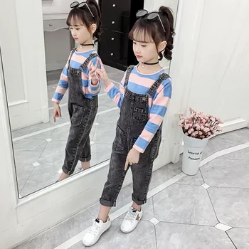 Bērnu Apģērbu Rudens Svītrains T-krekli + Džinsa Bikses Siksnas 2GAB Meiteņu Apģērbu Komplekti ar garām Piedurknēm Pusaudžu Bērniem, Drēbes Tracksuit