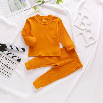 Bērnu, Meiteņu un Zēnu Garās Piedurknes Kabatas T-krekls+Bikses tīrtoņa Krāsu Gadījuma Homewear Apģērbs Elastīgs Viduklis Pavasara Apģērbu