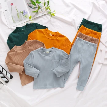 Bērnu, Meiteņu un Zēnu Garās Piedurknes Kabatas T-krekls+Bikses tīrtoņa Krāsu Gadījuma Homewear Apģērbs Elastīgs Viduklis Pavasara Apģērbu
