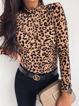 CA Sieviešu Leopards Drukāt ar Atlokāmu Apkakli, Rudens garām Piedurknēm T-krekli, Topi Puse