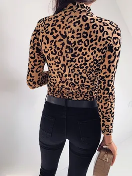 CA Sieviešu Leopards Drukāt ar Atlokāmu Apkakli, Rudens garām Piedurknēm T-krekli, Topi Puse