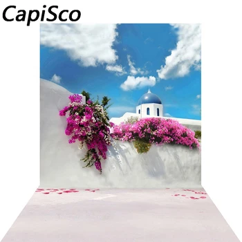 Capisco Romantiski rozā ziediem par zemu sienas Zilas debesis, balti mākoņi, kāzu Pielāgota fotogrāfijas Fons Fons studio prop