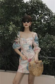 CHEERART Eļļas Glezna Ziedu Vintage Puff Piedurknēm Kleita Vasaras Kvadrātveida Kakla Rozā Tunika Kleita Sievietēm Eleganto Backless Mini Kleita