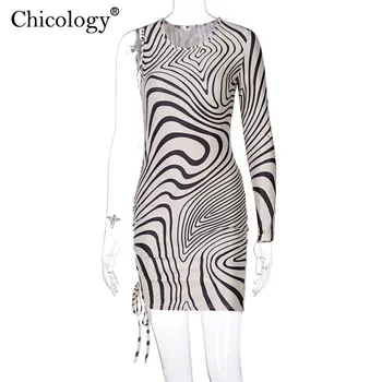 Chicology Zebras Svītru Izdrukāt Vienu Plecu Bodycon Mini Kleita Sievietēm 