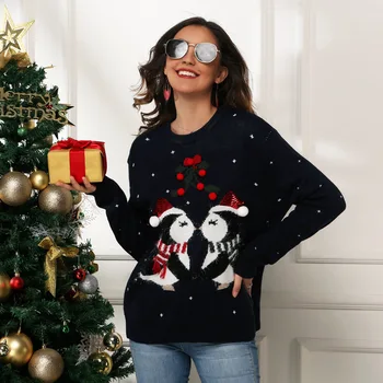Chirstmas Pulovers Pingvīns Parttern Džemperis Sievietēm Pilnu Piedurknēm Ziemas Apģērbu Adīšana, Femal Džemperis