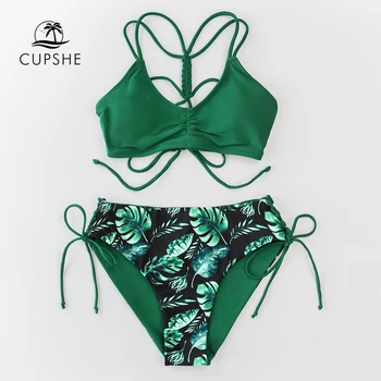 CUPSHE Zaļo Lapu Mežģīnēm Līdz ar Zemu Vidukļa Bikini Komplekts Sieviešu Peldkostīms Sexy Atgriezeniska Apakšā Divi Gabali Peldkostīmi Ir 2021. Beach peldkostīms