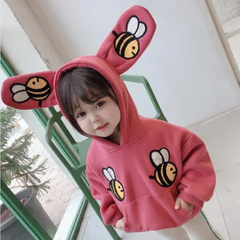 Cute Kids Apģērbu Karikatūra Medus Bišu Izšuvumi Vilnas Sabiezējumu Siltu Kapuci Sporta Krekls Korejas Maz Meiteņu Topi Ziemas Hoodies