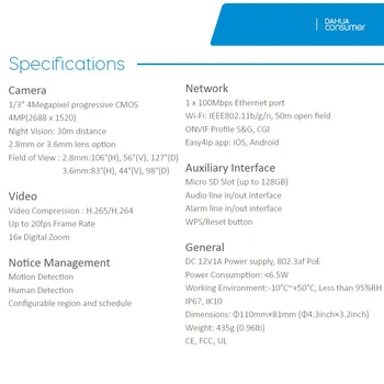 Dahua Patērētāju Sākotnējā IPC-HDBW1430E-AW 4MP WiFi 30M IS SD Kartes Slots H. 265 Mākonis Cilvēku Atklāt IK10 Bezvadu Mini-Dome IP Kamera