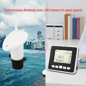 Daudzfunkcionāls Ultrasone Draadloze Watertank Vloeibare Diepte Niveaumeter Sensors Tikās Temperatuur Displejs Tikās iekštelpu termometrs