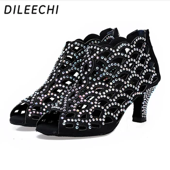 DILEECHI pieaugušo sieviešu dimanta latīņamerikas deju kurpes Lombardcia square deju kurpes moder deju kurpes melnā krāsā, papēža 75mm