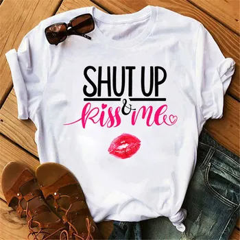 Dlrn Jaunu Modes Sieviešu T Krekli Shut Up & Kiss Me Vēstuli Iespiesti Gadījuma Balts Sieviešu T-krekli 90 Trumblr Streetwear Sievietēm, Topi