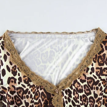 Dossni Sieviešu Leopards Drukāt Kultūraugu Savvaļas Mežģīnes Apdari Topi, Jaka Modes Sexy Sweet T Krekls Ilgtermiņa Piedurknēm Dziļu V-Veida Kakla Maz Mētelis Kritumu
