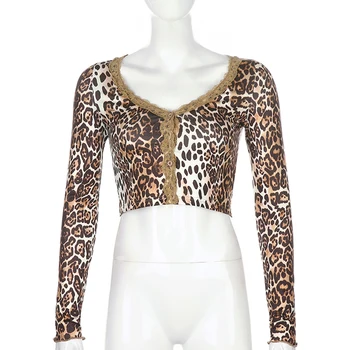 Dossni Sieviešu Leopards Drukāt Kultūraugu Savvaļas Mežģīnes Apdari Topi, Jaka Modes Sexy Sweet T Krekls Ilgtermiņa Piedurknēm Dziļu V-Veida Kakla Maz Mētelis Kritumu