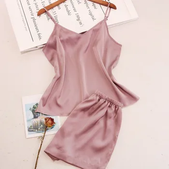 Dāmas seksīgs zīda pidžamas divdaļīga tīru krāsu ērtu, skaistu atpakaļ satīna vasaras atsvaidzinošu kārdinājumam, seksīgas pidžamas komplekts F04