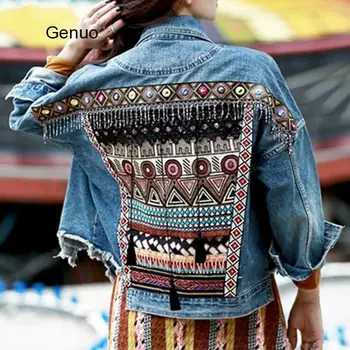 Džinsa sieviešu rudens jaka vintage etniskā appliques Izšuvumi pušķis zaudēt mētelis ar garām piedurknēm, jaka sievietēm de Abrigo mujer
