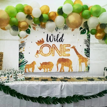 Džungļu Ainmal Dzimšanas Dienas Fons Zelta Safari Dzīvnieku Vainagu Savvaļas Vienu Fotogrāfiju Fona Zēns Pirmās Dzimšanas Dienas Svinības Dekoru Banner