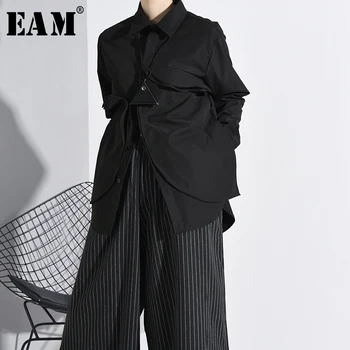 [EAM] Sieviešu Black trīsdimensiju Sadalīt Liela Izmēra Blūze Jaunu Atloks ar garām Piedurknēm Loose Fit Krekls Modes Pavasara Rudens Ir 2021. A554