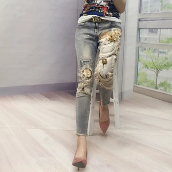 Eiropas Stila Džinsi Sieviete Pavasara Jaunu Smagā Rūpniecība Izšuvumi, Ziedu Iedeguma Vizuļi Deviņu Minūšu Mazo Kāju Džinsa Zīmuli Bikses