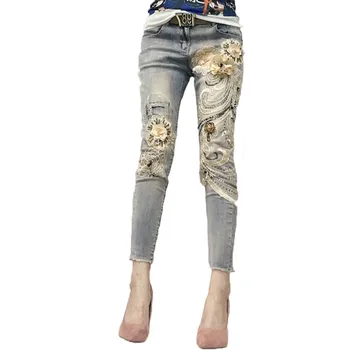 Eiropas Stila Džinsi Sieviete Pavasara Jaunu Smagā Rūpniecība Izšuvumi, Ziedu Iedeguma Vizuļi Deviņu Minūšu Mazo Kāju Džinsa Zīmuli Bikses