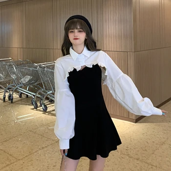 Elegants Puse Kleita Sievietēm Ar Garām Piedurknēm Salds Impērijas High Street Mini Kleita Gothic Y2k Kleita Korejas Rudens 2020. Gadam Sieviešu Apģērbs
