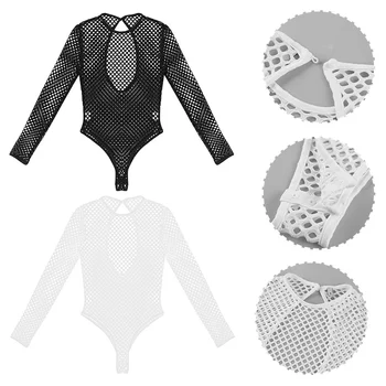 Fetišs Sievietes Sexy Apakšveļa Fishnet Bodysuit Catsuit Clubwear Redzēt Cauri Milzīgais Garām Piedurknēm Atvērt Kājstarpes High Cut Leotard Bodysuit