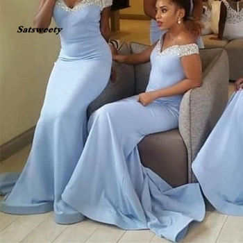 Gaismas Sky Blue Āfrikas Līgavas Kleitas Sirēna Satīna Dzirksti Kristāli Istabene Goda Tērpi Pie Pleca Kāzu Viesu Kleita