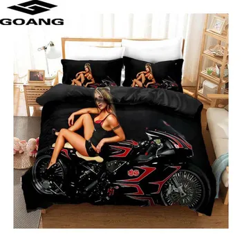 GOANG tikai augstākā pakāpē karalis, karaliene sega sedz, uzstādīt un spilvendrānas dubultā mājas tekstila sexy skaistumu motociklu drukātā gultas komplekts