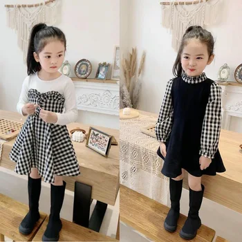 Gooporson Pavasara Toddler Meitenes Kleitu Modes Korejas Pleds Ar Garām Piedurknēm Princese Kleita Puse, Tērpu Kritums Mazie Bērni Kostīms