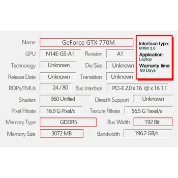 GTX770M GTX 770M 3GB N14E-GS-A1 Graphics Video Kartes Dell M15X M17X M18X M6600 MSI GT60 GT70 GT780 GT683 16F3 16F4 1762 1763