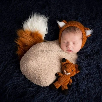 Gudrs Jaundzimušais Meitenes Zēni Adīt Tamborēt Fox Cepure Klp Kostīmu Foto Aksesuāri