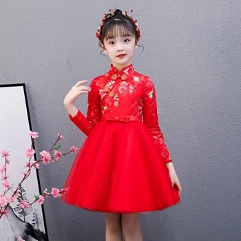 Gudrs Puķu Meiteņu Kleitas Bērnu Ķīnas Izšūtām Mežģīnēm Cheongsam Kleita Baby Meitenes Elegants Tradicionālā Ķīniešu Jaunais Gads Kleita