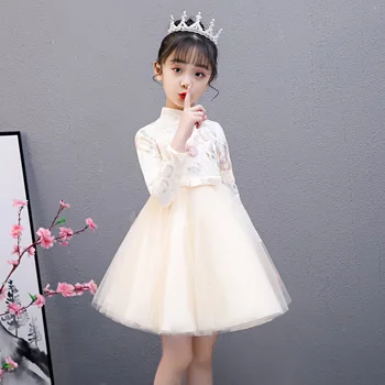 Gudrs Puķu Meiteņu Kleitas Bērnu Ķīnas Izšūtām Mežģīnēm Cheongsam Kleita Baby Meitenes Elegants Tradicionālā Ķīniešu Jaunais Gads Kleita