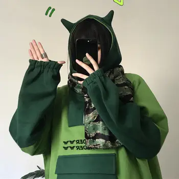 Gudrs Rudens Zaļo Hoodies Sieviešu Ikdienas Hip Hop Kawaii Sporta Krekli Japānas Lielās Ielas Harajuku Punk Pelēkā Vārna Modes Ziemas Topi